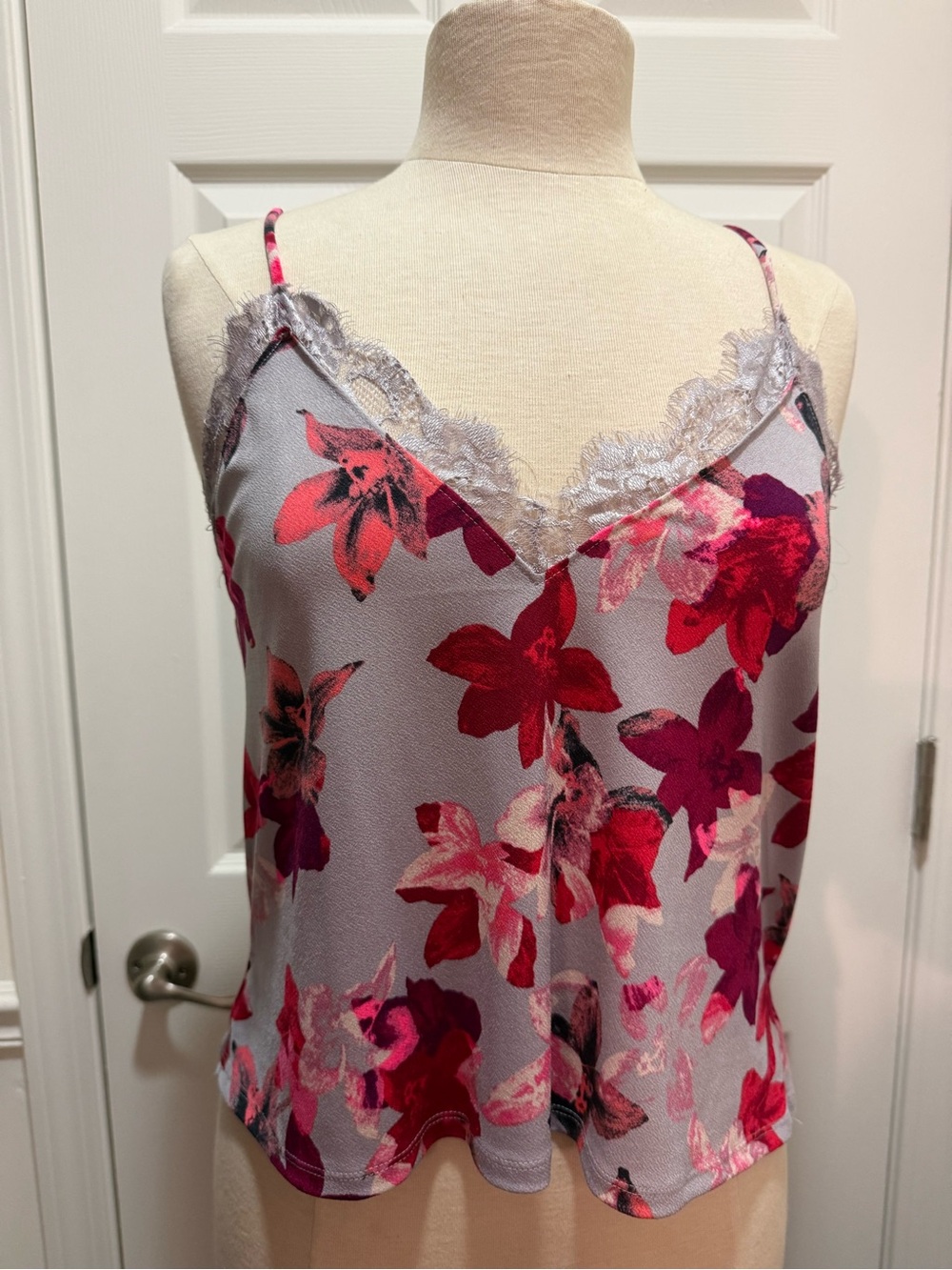 Express Floral Lace Trim Satin Cami in Lavender Red and Pink